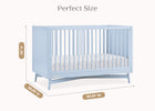 Blue crib with dimensions indicated on a white background 34-Dylan 4-in-1 Convertible Crib