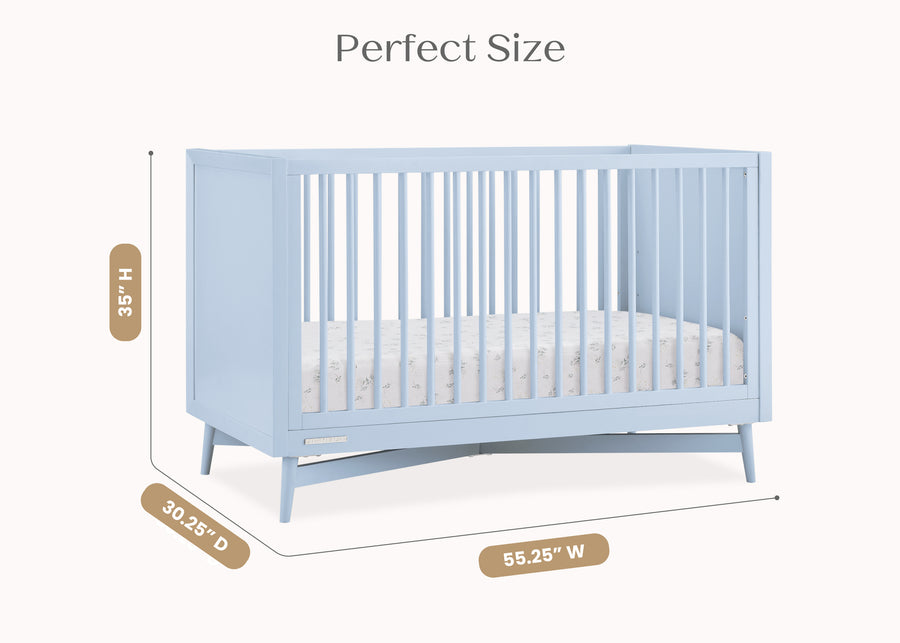 Blue crib with dimensions indicated on a white background 34-Dylan 4-in-1 Convertible Crib