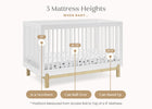 Diagram showing a crib with mattress heights for newborn, can roll over, and can stand up stages. 17-Poppy 4-in-1 Convertible Crib
