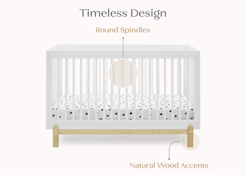 White crib with natural wood accents on a white background 9-Poppy 4-in-1 Convertible Crib