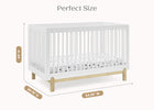White crib with dimensions labeled on a white background 18-Poppy 4-in-1 Convertible Crib