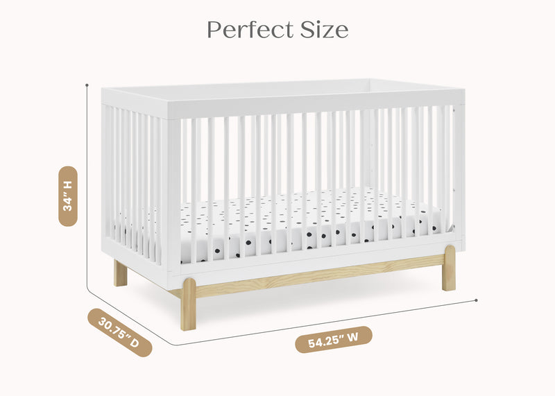 White crib with dimensions labeled on a white background 18-Poppy 4-in-1 Convertible Crib