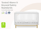 White crib with safety certification logos on a white background 19-Poppy 4-in-1 Convertible Crib
