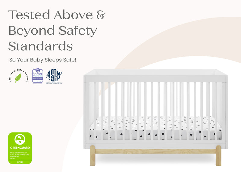 White crib with safety certification logos on a white background 19-Poppy 4-in-1 Convertible Crib