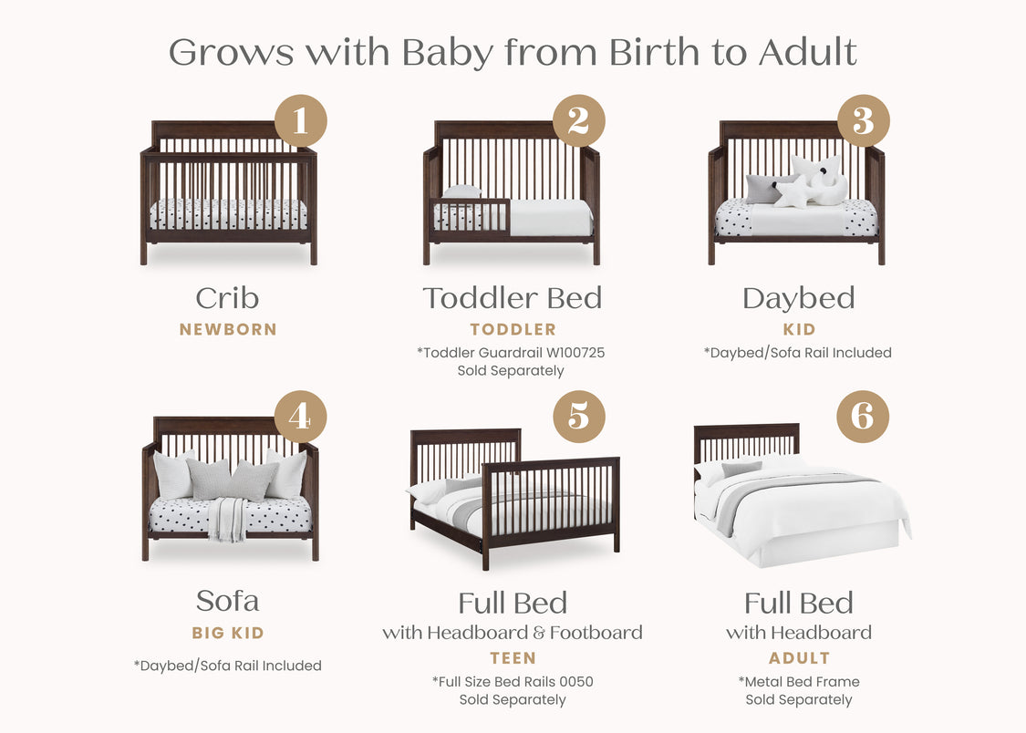 Stages of a multi-functional bed product from crib to adult bed