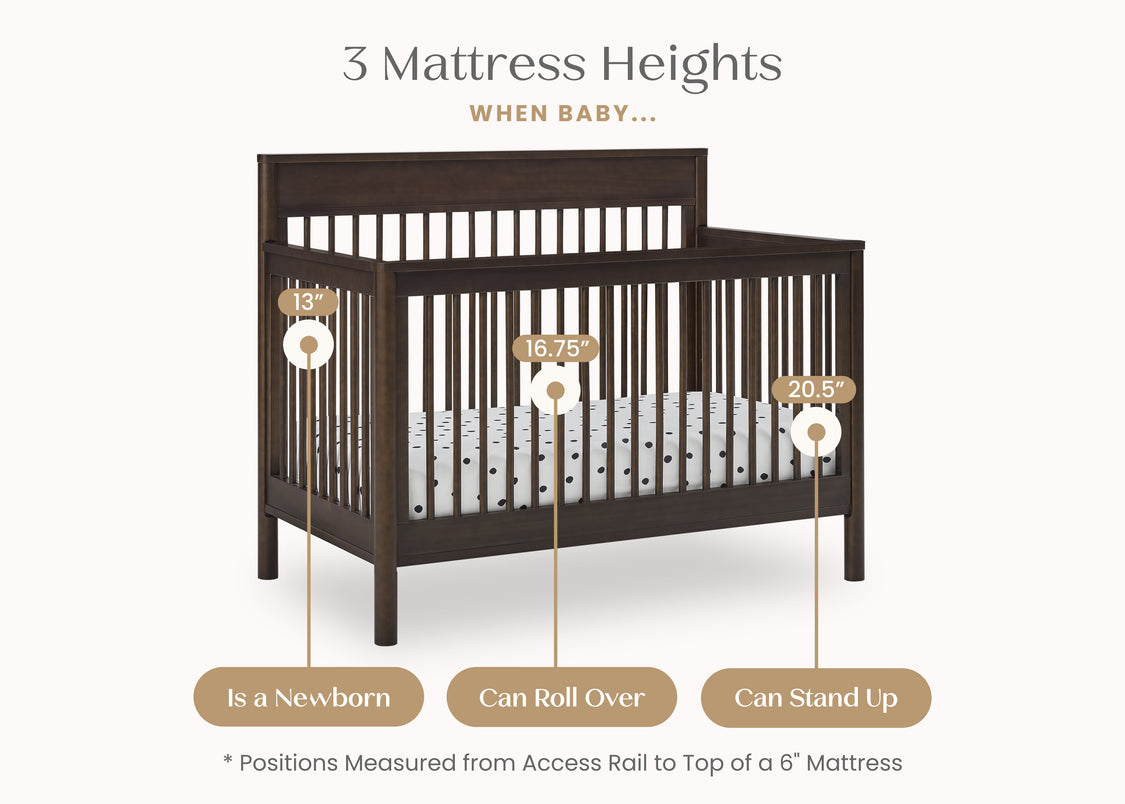 Crib with mattress heights indicated for newborn, can roll over, and can stand up stages.