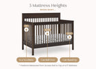 Crib with mattress heights indicated for newborn, can roll over, and can stand up stages. 18-Remy 6-in-1 Convertible Crib