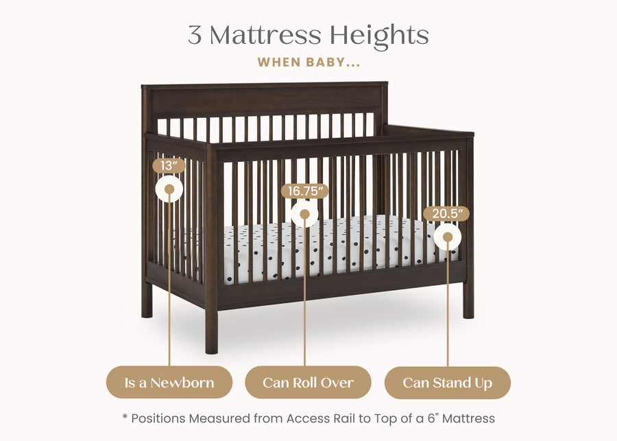 Crib with mattress heights indicated for newborn, can roll over, and can stand up stages. 18-Remy 6-in-1 Convertible Crib