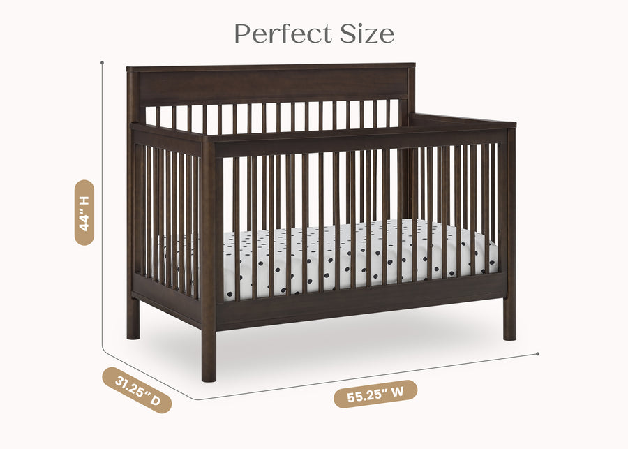 Wooden crib with dimensions labeled on a white background 19-Remy 6-in-1 Convertible Crib
