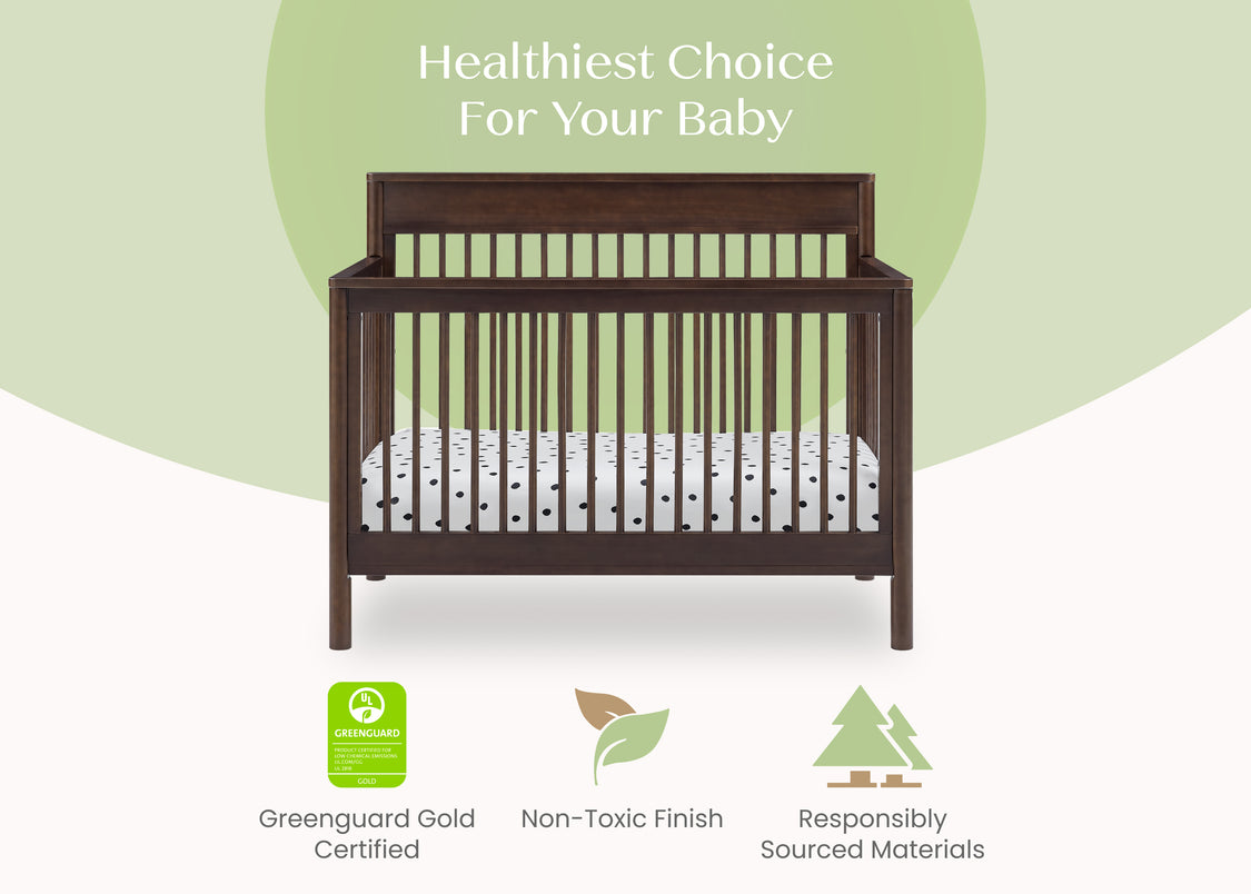 Wooden crib with green certification logo and text on a white background
