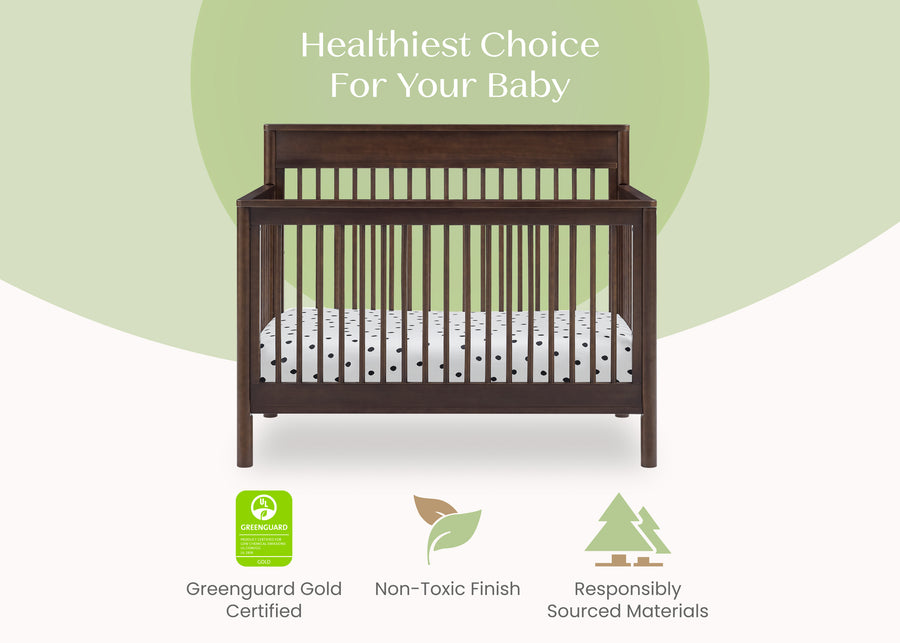 Wooden crib with green certification logo and text on a white background 20-Remy 6-in-1 Convertible Crib