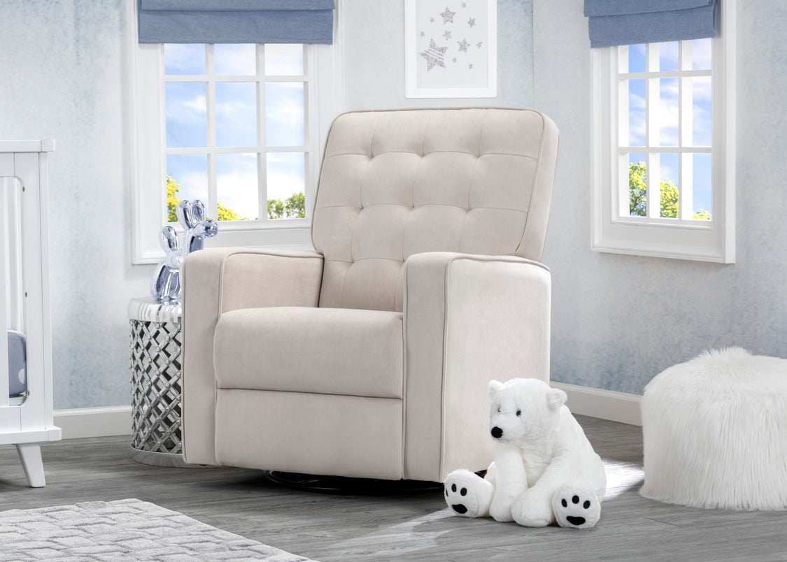 Beige recliner chair in a nursery with a white teddy bear and decorative items.