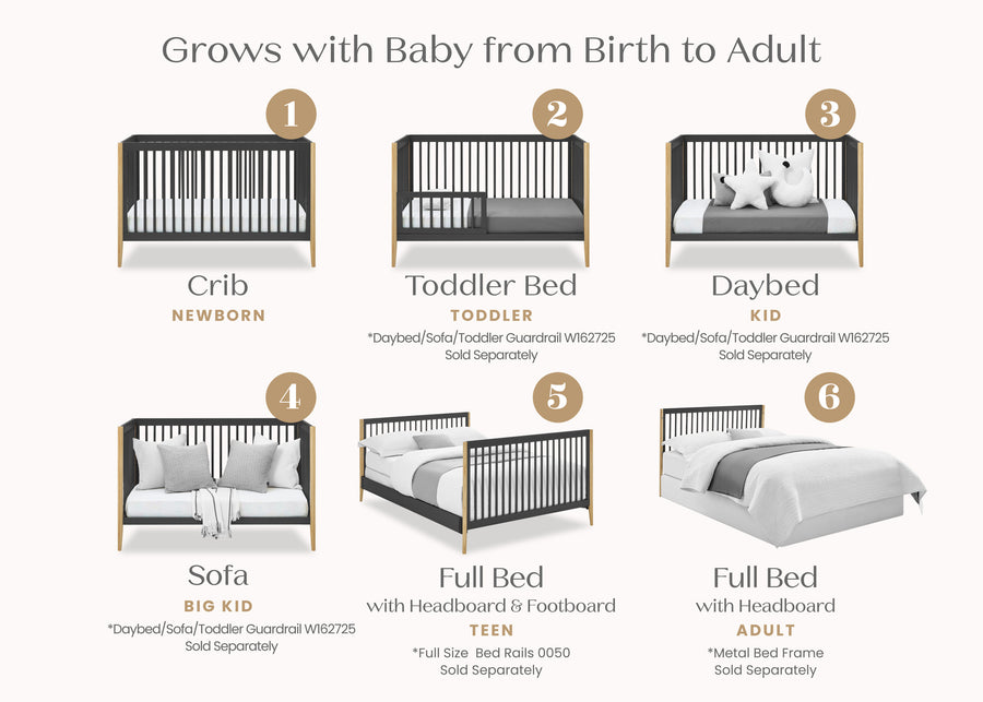 Charcoal Grey with Natural (1410) 3-Casey 6-in-1 Convertible Crib