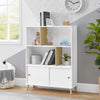 White bookshelf with decorative items in a room with a clock on the wall. 11-Essex Bookcase
