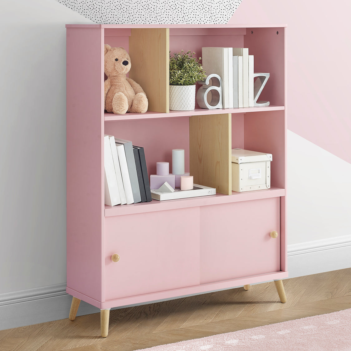 W171180 1380 Hudson Bookcase Blush Pink wNatural Lifestyle 101