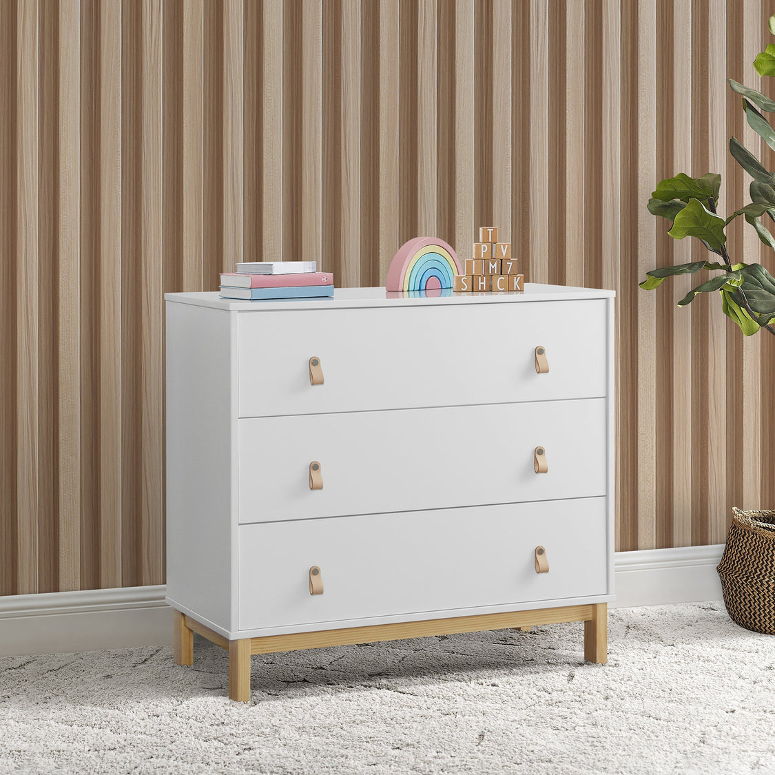 W174030 123 Legacy 3 Drawer Dresser wLeather Pulls Bianca White wNatural Lifestyle 105