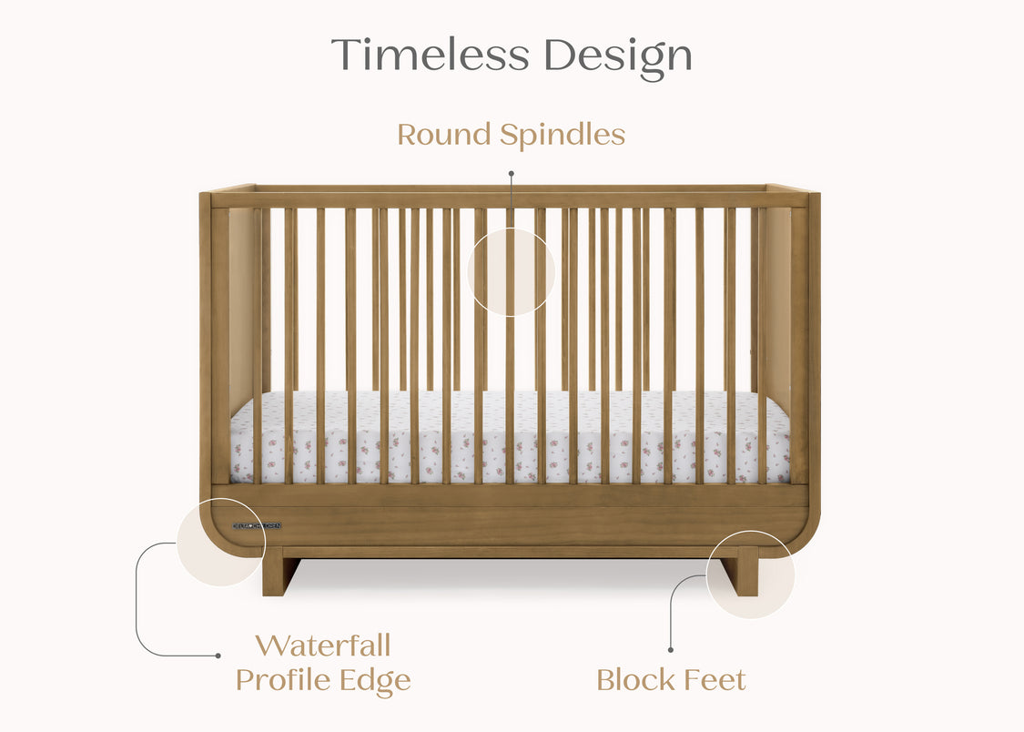 Wooden crib with features highlighted on a white background