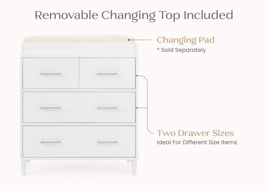 Bianca White (130) 3-Classic 4 Drawer Dresser with Changing Top and Interlocking Drawers