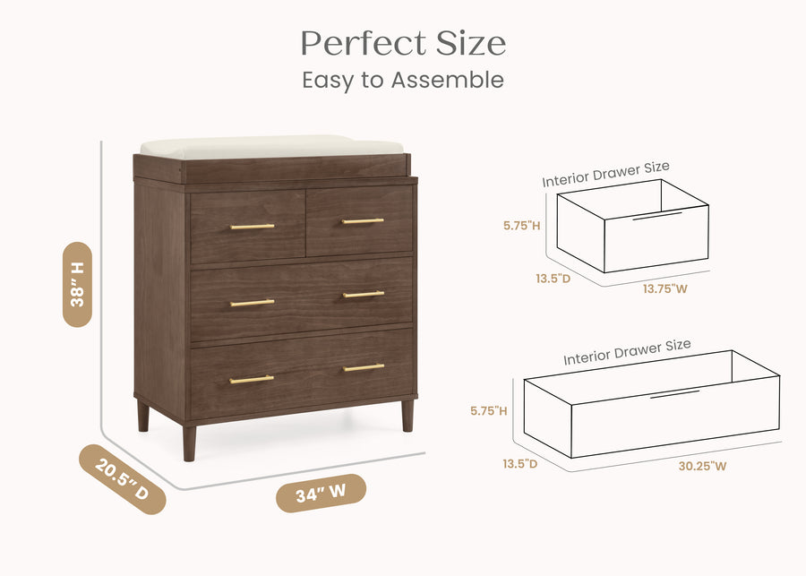 Teak Brown (1526) 37-Classic 4 Drawer Dresser with Changing Top and Interlocking Drawers