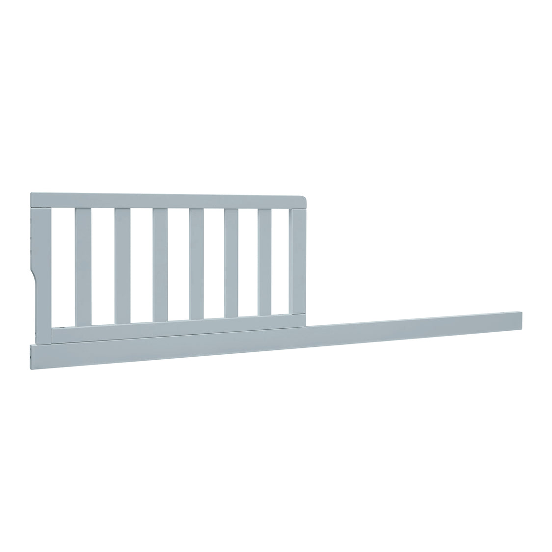 A light gray wooden crib guard rail with vertical slats and a long connecting support beam, shown against a plain white background.