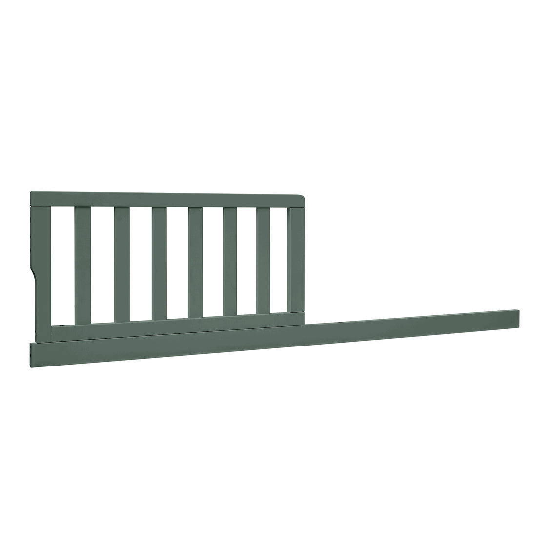 A dark green wooden baby crib gate with vertical slats and a long mounting rail, shown against a plain white background.