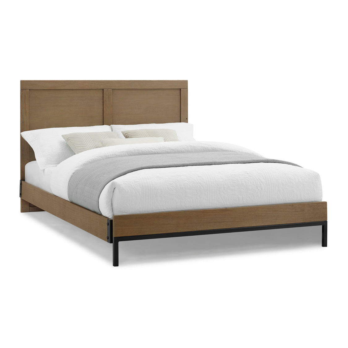 Wooden bed frame with white bedding on a white background
