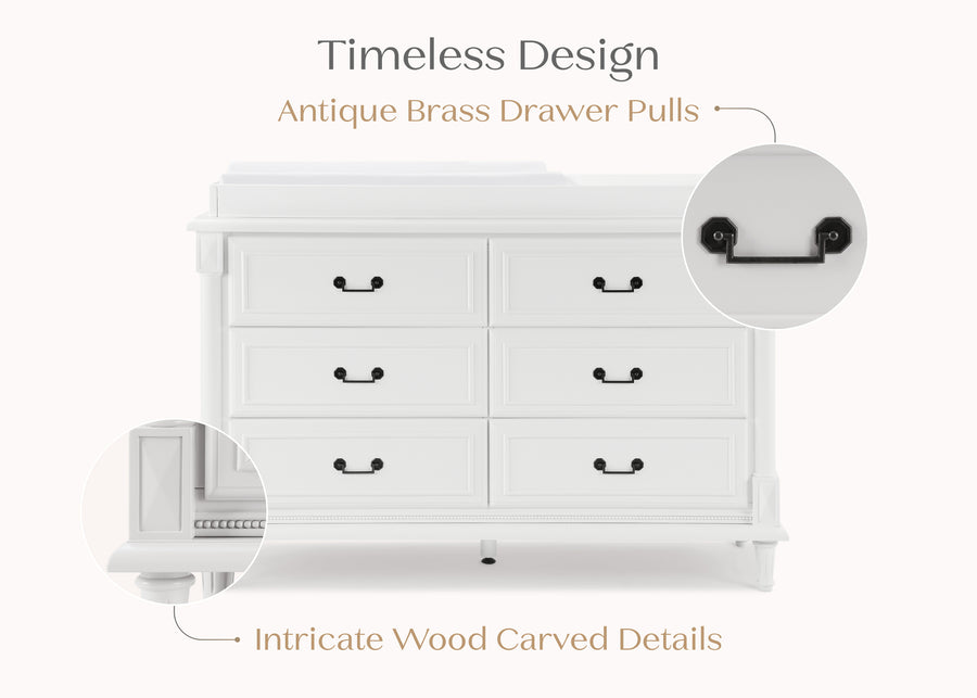 Bianca White (130) 8-Juliette 6 Drawer Dresser with Changing Top and Interlocking Drawers