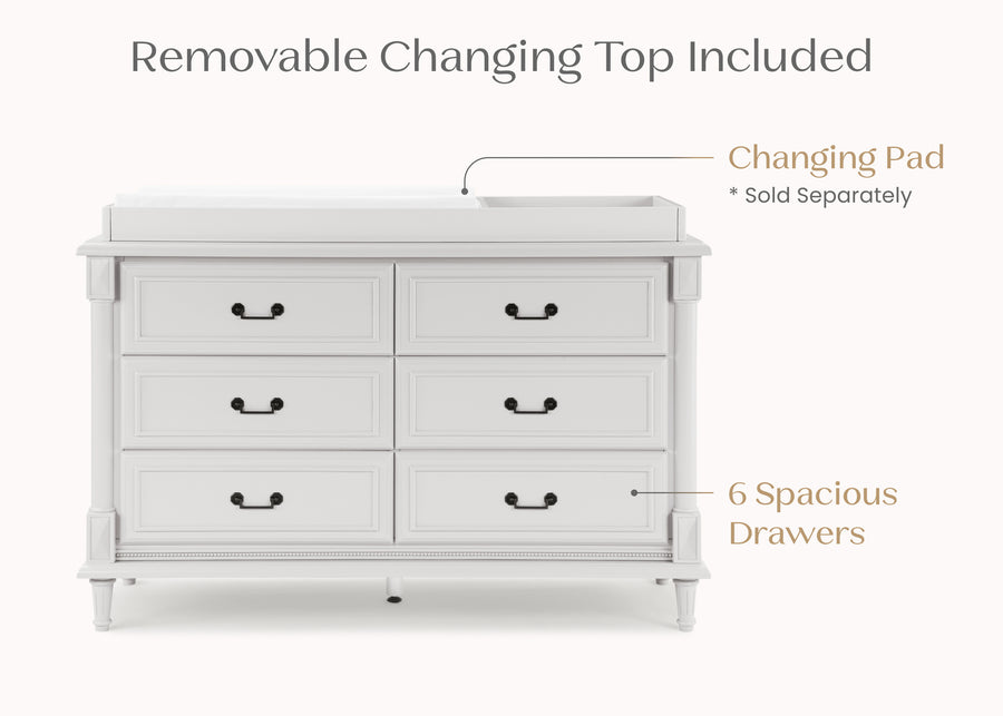 Moonstruck Grey (1351) 17-Juliette 6 Drawer Dresser with Changing Top and Interlocking Drawers