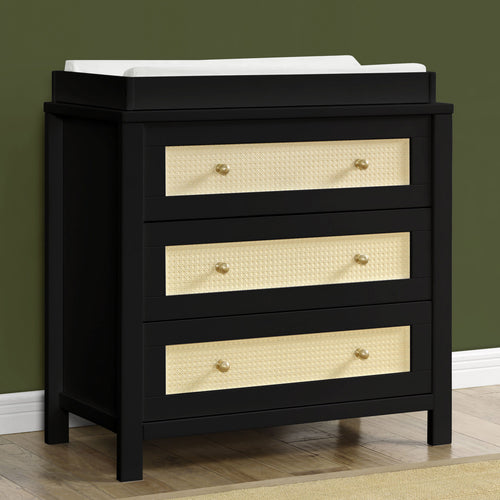 Simmons Kids Theo 3 Drawer Dresser with Changing Top and Interlocking Drawers, Black/Textured Almond