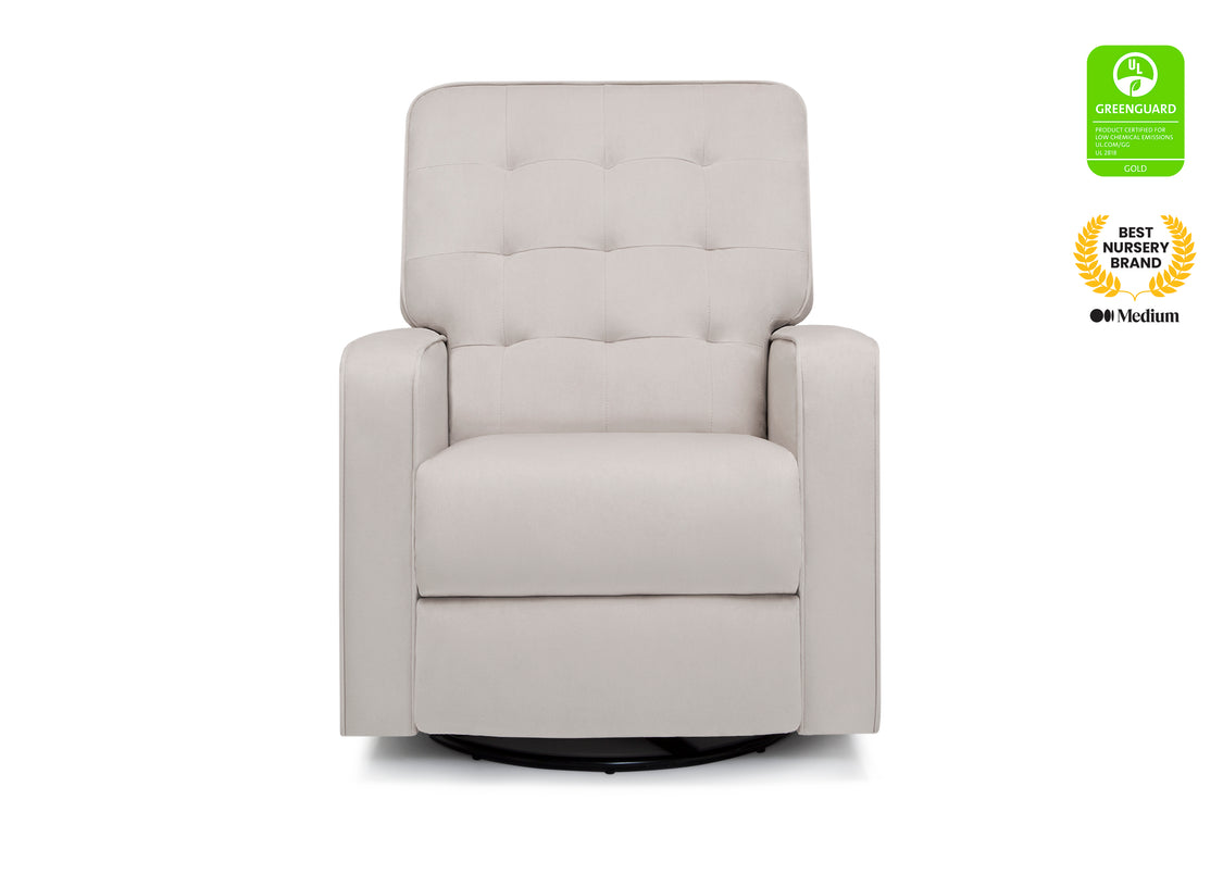 Gray recliner chair on a white background with GreenGuard and Best Nursery Medium labels.