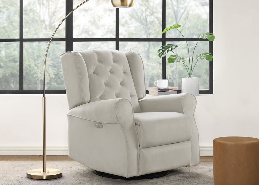 Light Grey Velvet (1484) 2-Emmie Electronic Power Recliner and Swivel Glider with USB Port in LiveSmart Performance Fabric