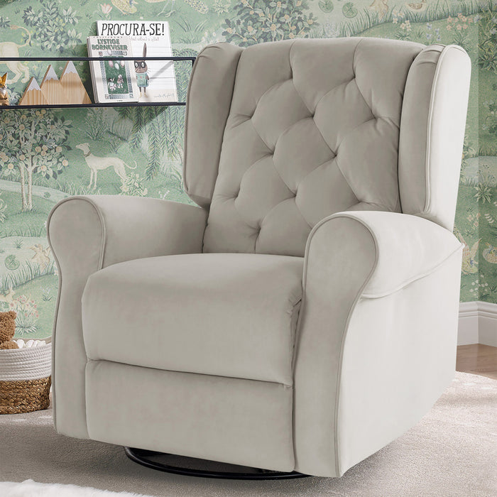 An electronic power recliner and swivel glider with tufted detailing, upholstered in a light-colored fabric, positioned in a nursery room. 2-Emmie Electronic Power Recliner and Swivel Glider with USB Port in LiveSmart Performance Fabric