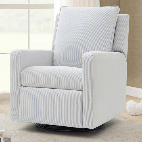 Gray swivel chair in a room with light-colored walls and a rug.