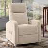 A cream-colored upholstered recliner chair with a side pocket, shown in a styled room setting with a window, rug, and wall art in the background. 14-Riley Pushback Stationary Recliner