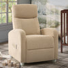 A beige upholstered recliner chair with rounded arms, a high back, and white feet, shown in a styled room setting with a window, rug, wall art, and crib visible. 28-Riley Pushback Stationary Recliner
