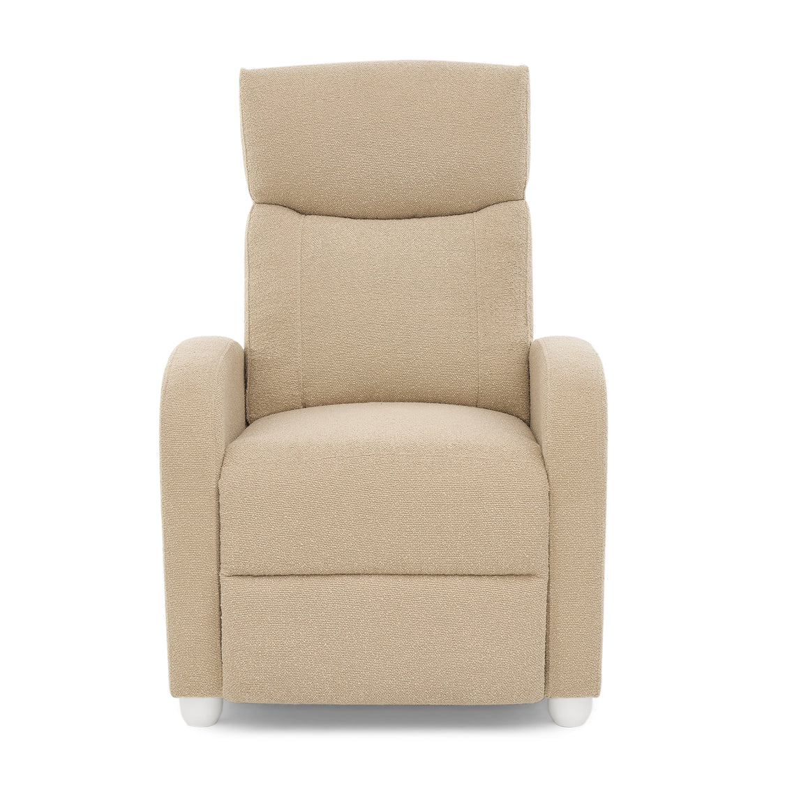 A beige upholstered armchair with a high back, wide armrests, and small white feet, shown against a plain white background.