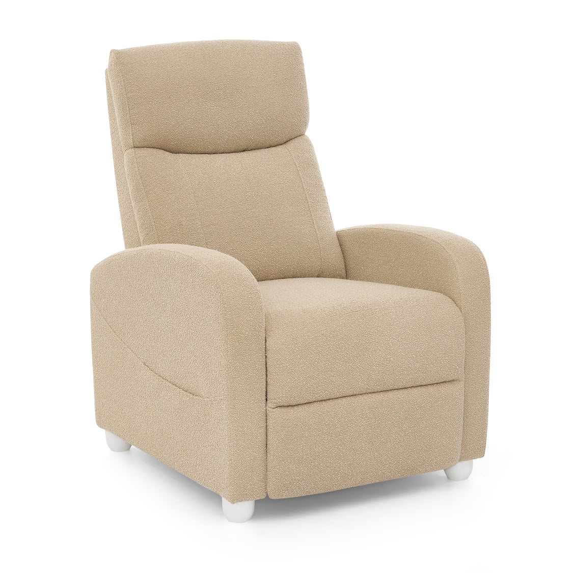 A beige upholstered recliner chair with rounded arms, a high backrest, and small white feet, shown on a clean white background.