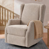 A beige bouclé swivel recliner chair with wingback arms, styled with a tan throw blanket in a warm, modern room setting. 8-James Swivel Recliner