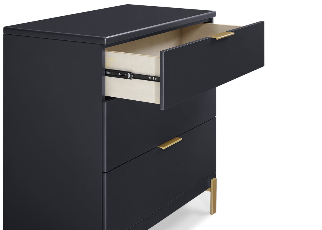 Black dresser with open drawer on a white background