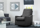 Gray armchair in a living room setting with a glass coffee table and decorative elements. 11-Kenwood Nursery Glider Swivel Rocker Chair