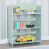 A mint green 4-tier wooden bookshelf with toys and books displayed on it, set against a light gray and white striped wall. 12-MySize Bookshelf