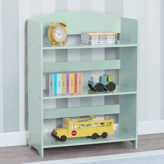 A mint green 4-tier wooden bookshelf with toys and books displayed on it, set against a light gray and white striped wall. 12-MySize Bookshelf