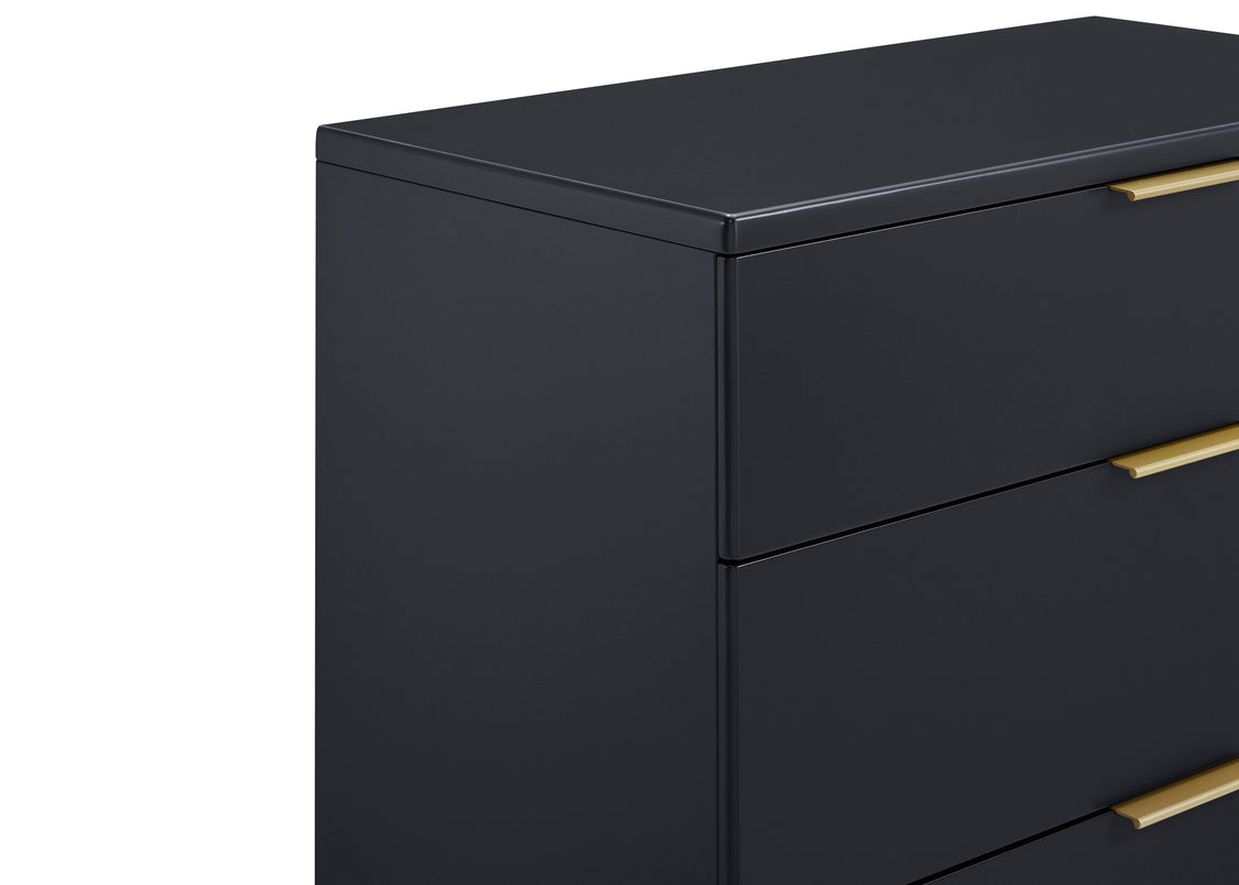 Black dresser with gold handles on a white background