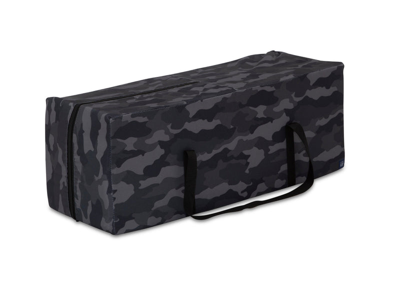 Black camouflage-patterned bag with handles on a white background