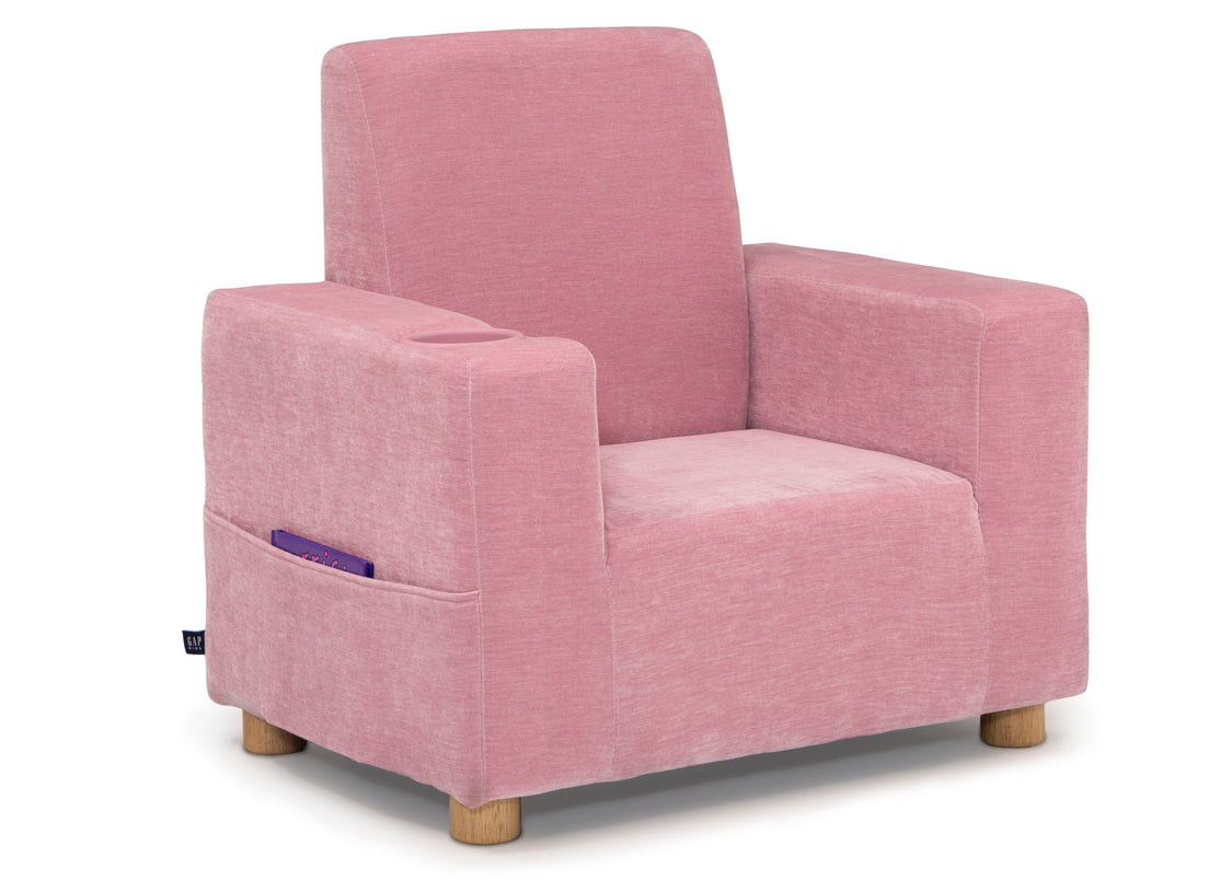 Pink armchair with wooden legs on a white background