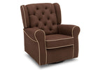 A brown tufted recliner chair with cream-colored piping trim, shown from a three-quarter angle on a white background. 15-Emerson Nursery Glider Swivel Rocker Chair