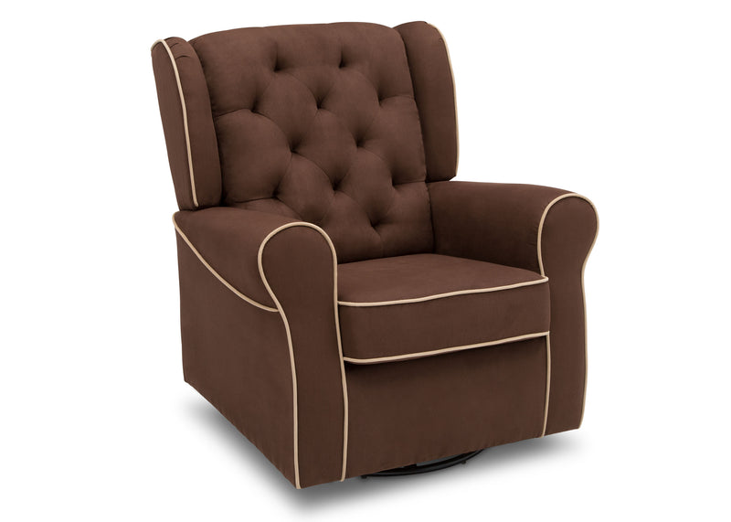 A brown tufted recliner chair with cream-colored piping trim, shown from a three-quarter angle on a white background. 15-Emerson Nursery Glider Swivel Rocker Chair