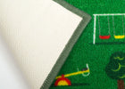 Close-up of a rug with a sports theme, featuring a field and sports equipment. 9-Large Road Map Activity Rug for Girls and Boys - 54-inch L x 39-inch W