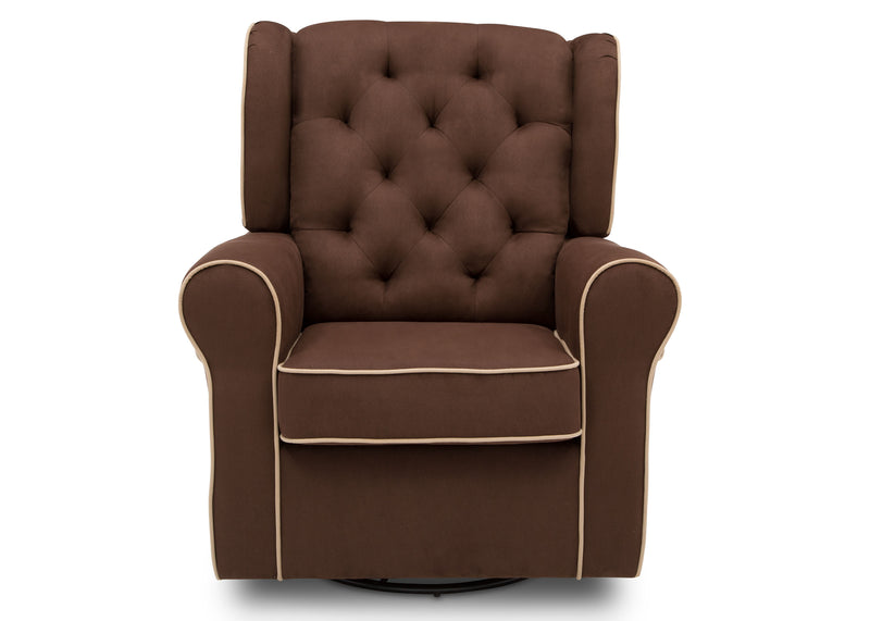 A brown tufted fabric swivel armchair with cream-colored piping trim, shown from a front-facing perspective on a white background.