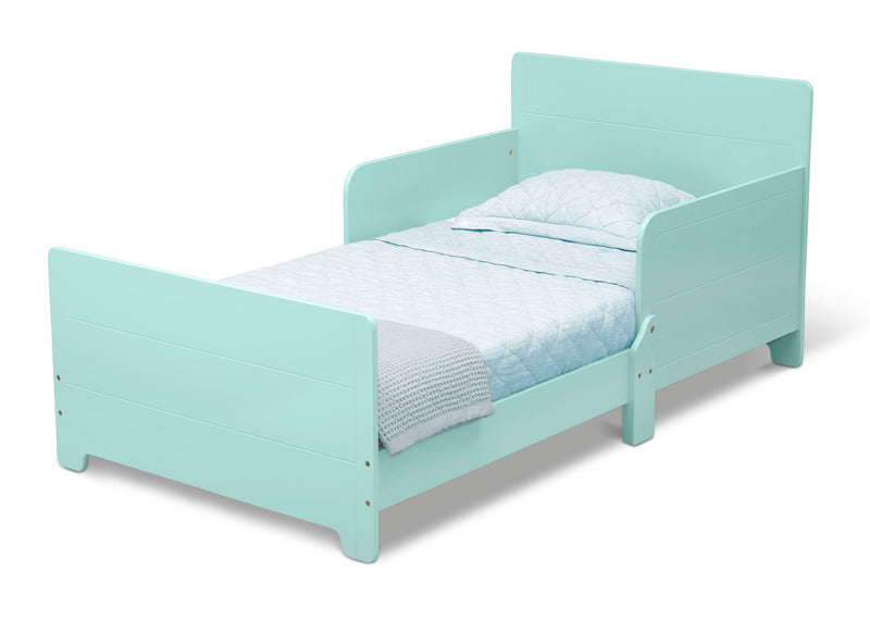 Light blue children's bed with white bedding on a white background